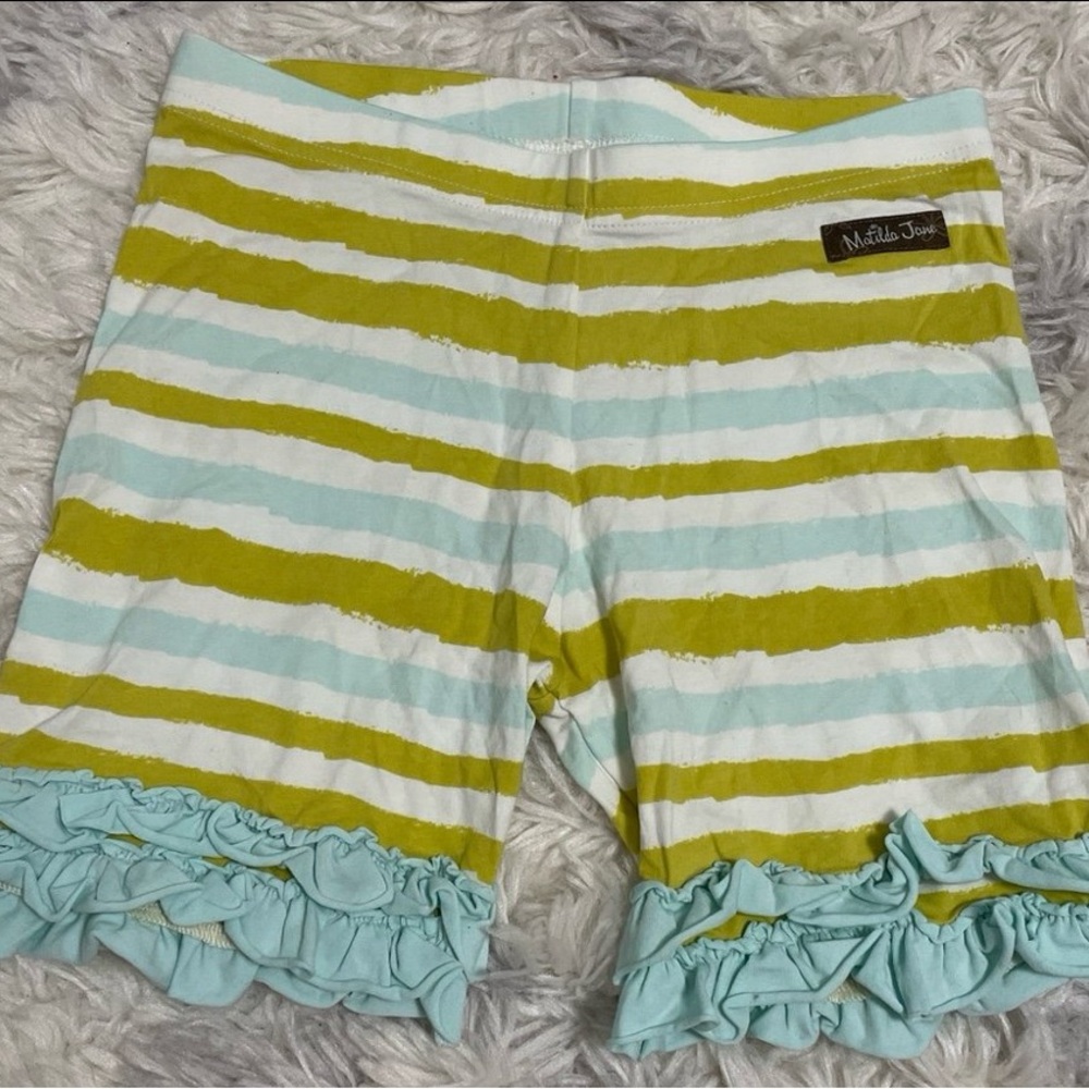 Matilda Jane Green and Blue Striped Ruffle Shorts size 10 youth